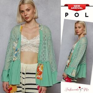 POL Lace Ruffled Hem Floral Patchwork Panels Open Front Cardigan | Mint Green